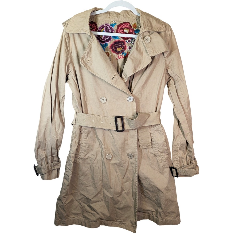 Johnny Was Trench Coat Tan Cotton Floral Embroidered Boho Belted Jacket XS